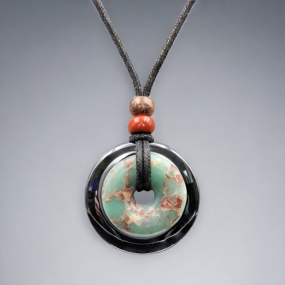 Artisan Jewelry - Impression Jasper and Hematite Gemstone Pendant Handmade